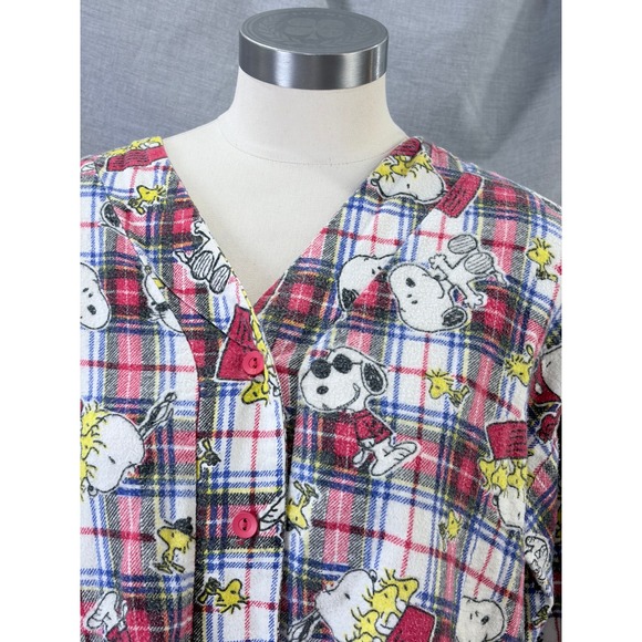 Vintage Snoopy Peanuts Woodstock Plaid Cotton Flannel Pajama Top Womens L 90s - Picture 2 of 9